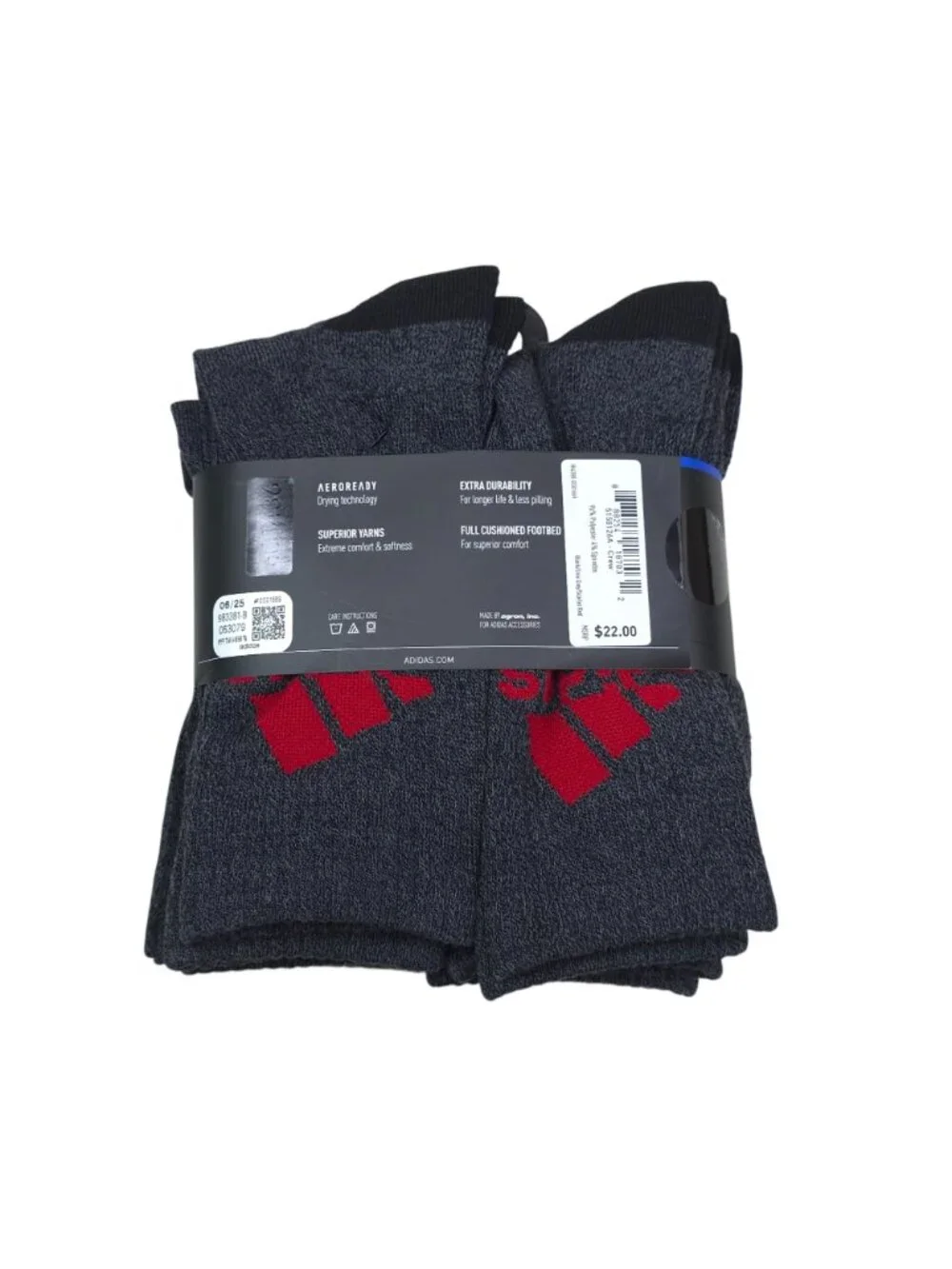 Adidas Mens Cushioned AEROREADY Crew Socks 6-Pack Black Grey Red Shoe Size 6-12